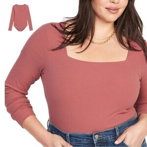 OLD NAVY 2X-4X Dusty Red Long-Sleeve Square-Neck Rib-Knit Bodysuit ON3.7